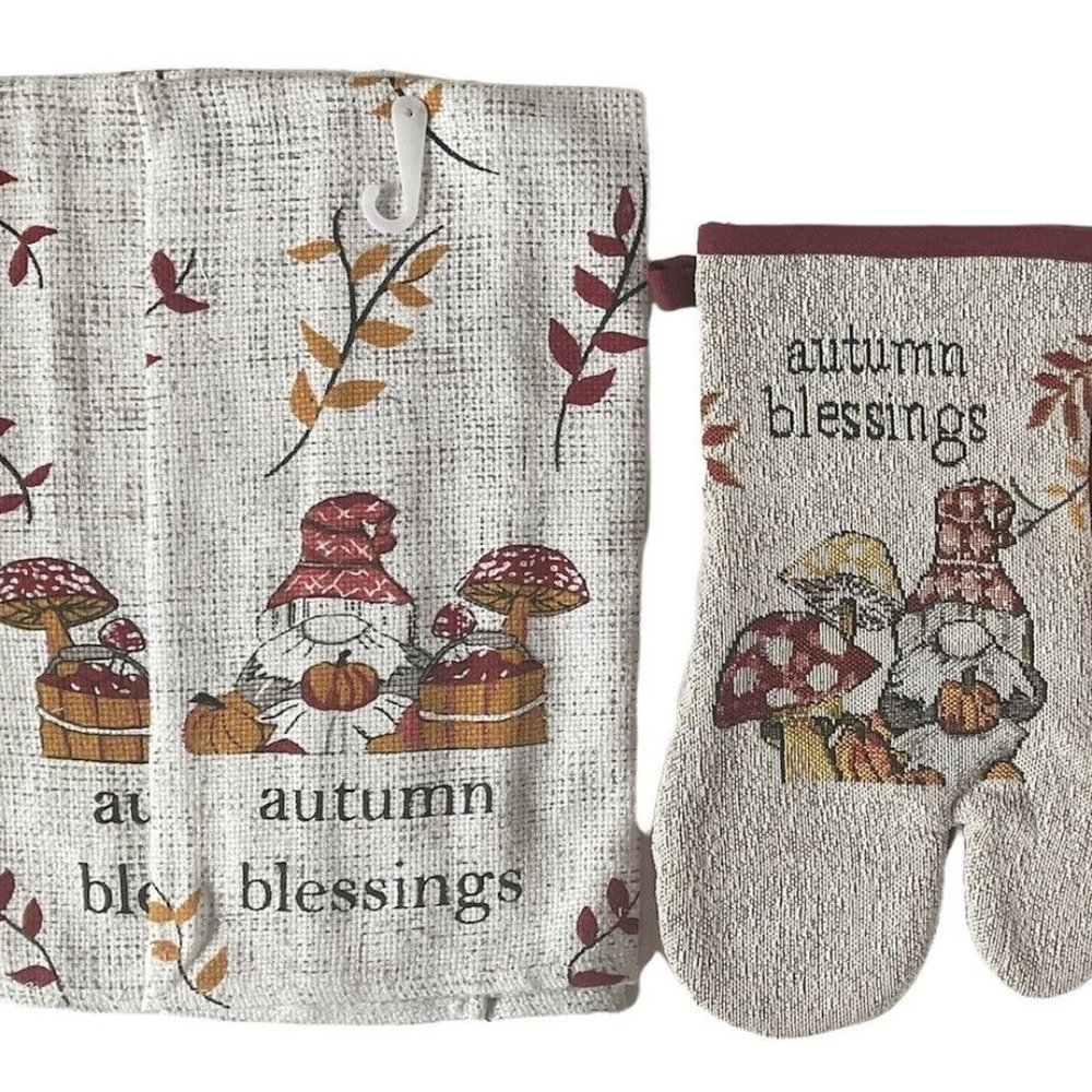 Fall Harvest Kitchen Towels Oven Mitt Pot Holder Autumn Blessings Gnomes 4 Pcs